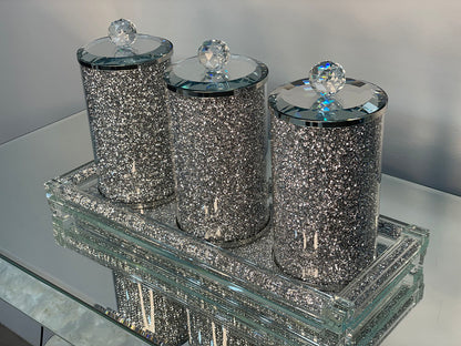 Ambrose Exquisite Three Glass Canister With Tray In Gift Box - Silver