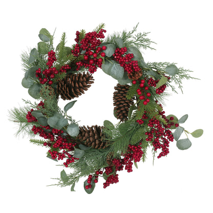 22" Berry / Eucalyptus / Pinecone Wreath - Green Leaves