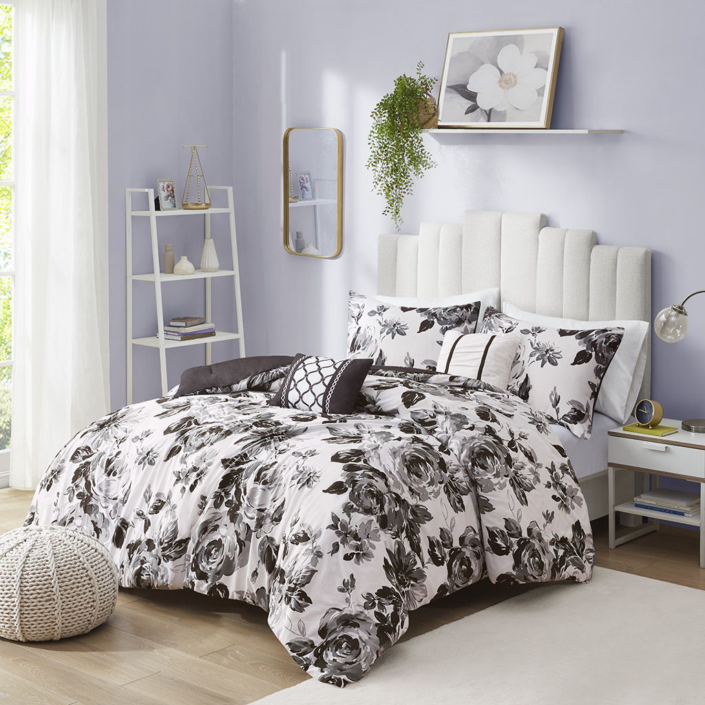 Dorsey Floral Print Comforter Set - Gray