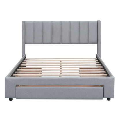 Queen Size Upholstered Platform Bed with One Large Drawer in the Footboard and Drawer on Each Side,Gray