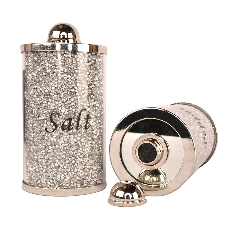 Ambrose Exquisite Salt & Pepper Canisters With Tray In Crushed Diamond Glass In Gift Box - Silver