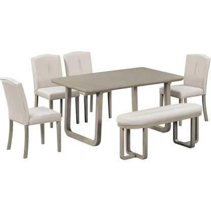 TREXM 6-Piece Retro-Style Dining Set Includes Dining Table, 4 Upholstered Chairs & Bench with Foam-covered Seat Backs&Cushions for Dining Room (Light Khaki+Beige)