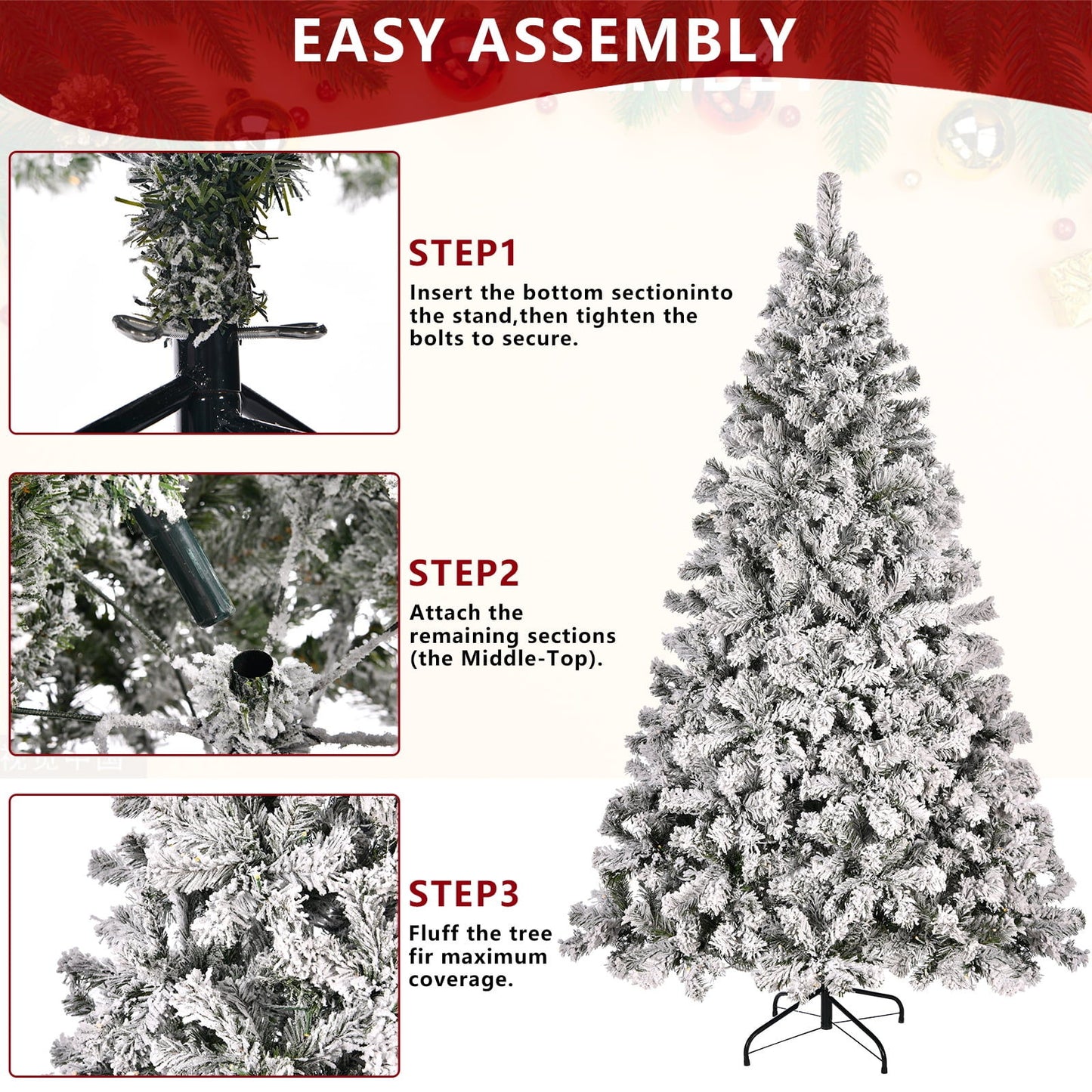 6Ft Prelit Flocked Christmas Tree With 1000 Branch Tips, 250 Warm White Lights