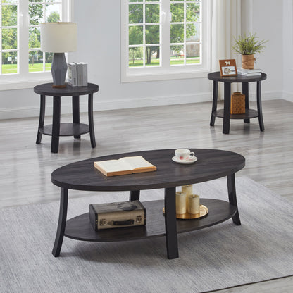 Anze - 3 Piece Coffee Table Set Contemporary Oval Wood Shelf - Charcoal