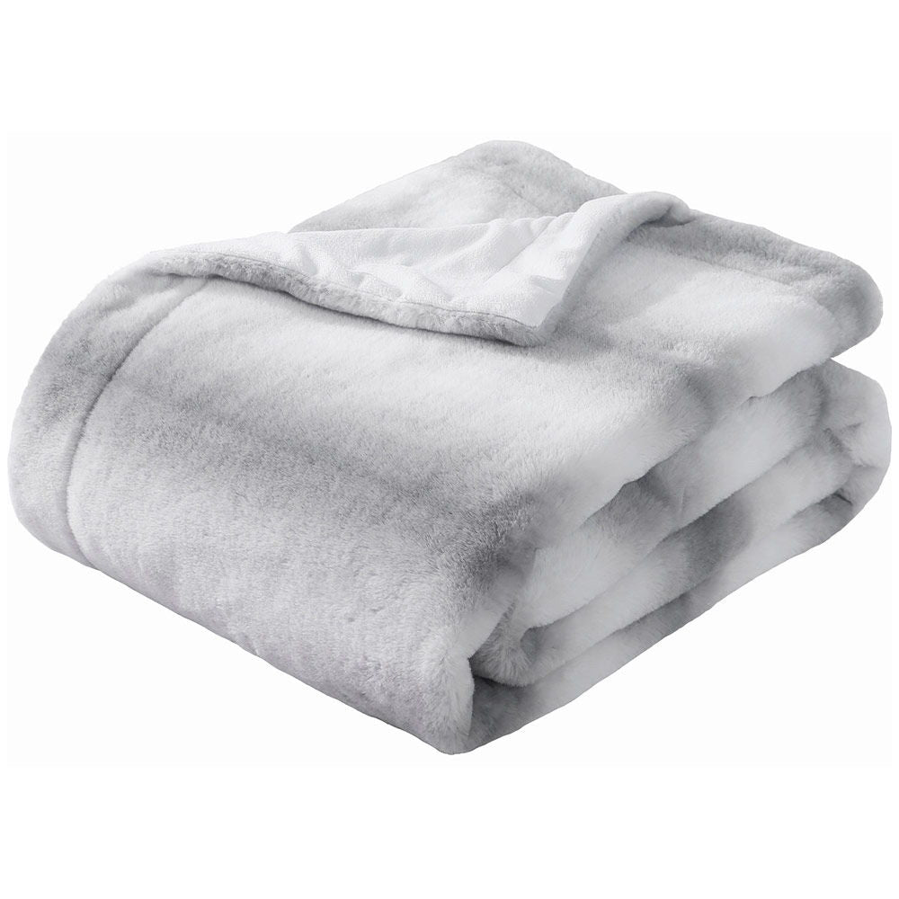 Printed Faux Rabbit Fur Throw, Lightweight Plush Cozy Soft Blanket, 50" X 60", Gray Strip