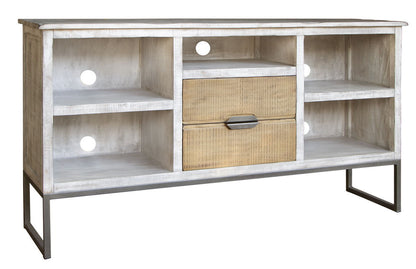 Solid Wood Open Shelving Distressed TV Stand - Light Gray