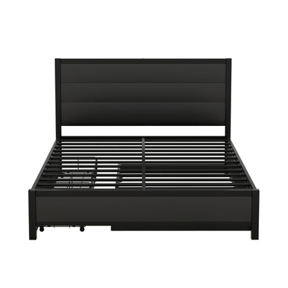 Metal Queen Size Storage Platform Bed with Twin Size Trundle and 2 Drawers, Black