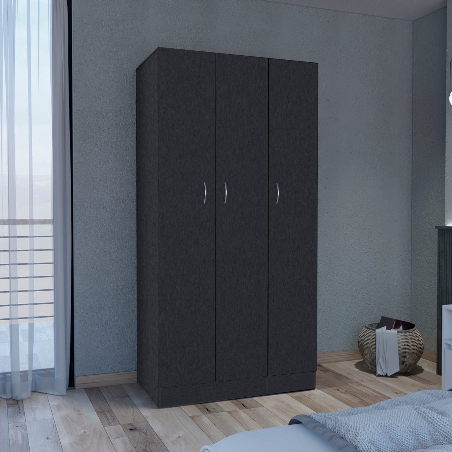 Wardrobe Armoire With 3 Doors And 2 Inner Drawers, 3 Doors - Black