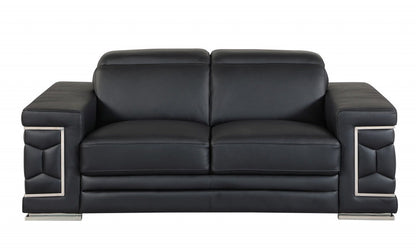 Genuine Leather Love Seat - Black / Silver