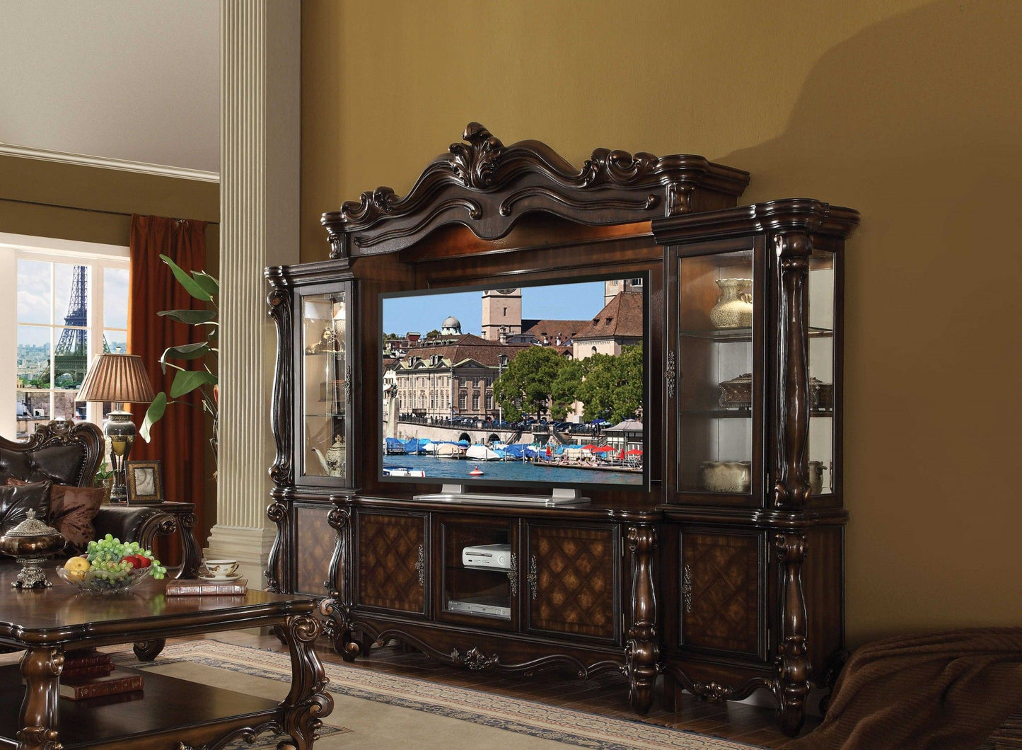 Poly Resin Glass TV Console - Cherry Oak