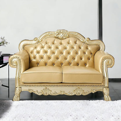 Faux Leather Loveseat And Toss Pillows - Bone / Gold