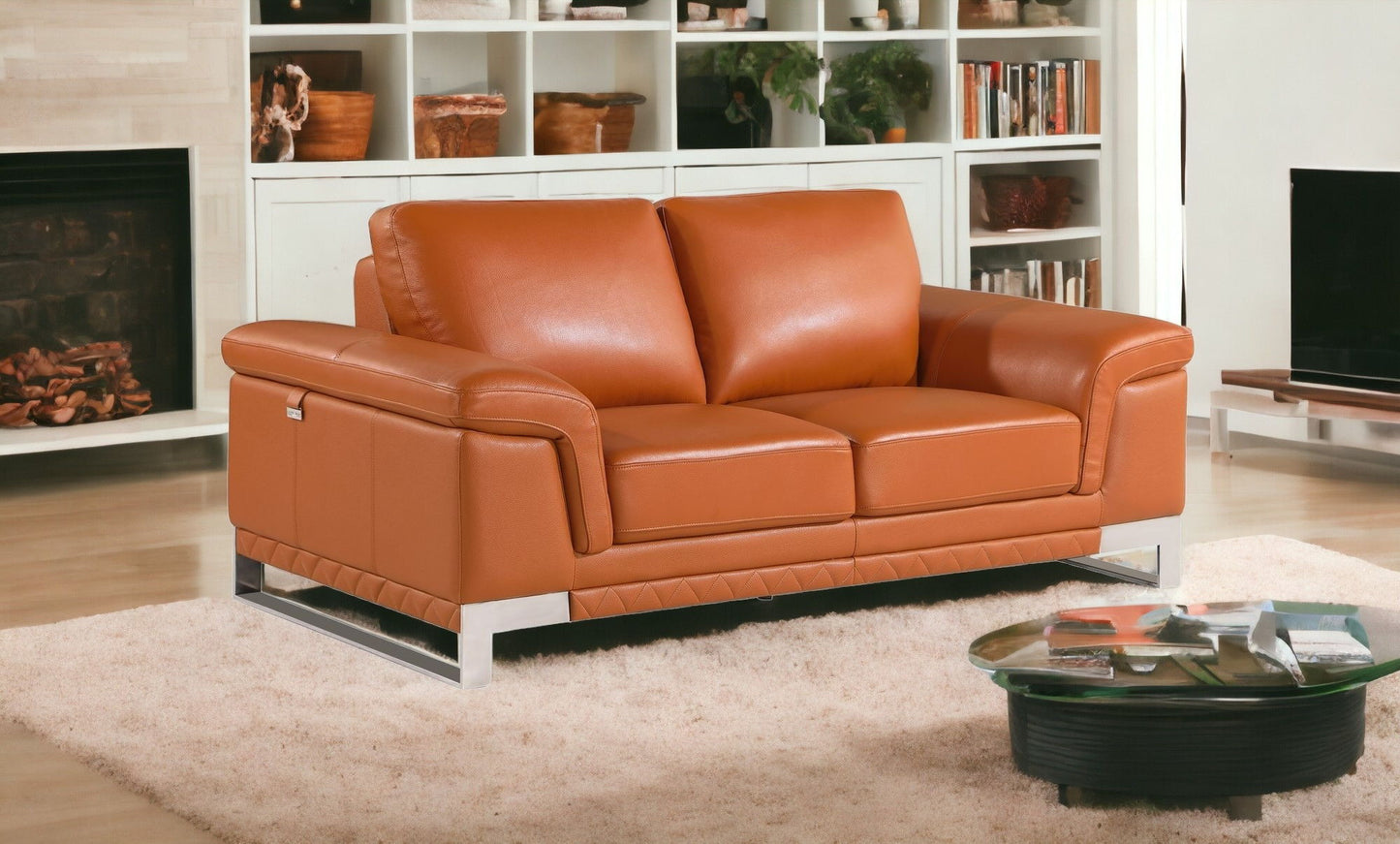 Genuine Leather Love Seat - Silver / Camel