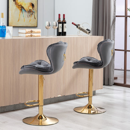 Set of 2  Bar Stools,with Chrome Footrest and Base Swivel Height Adjustable Mechanical Lifting Velvet + Golden Leg Simple Bar Stool-gray