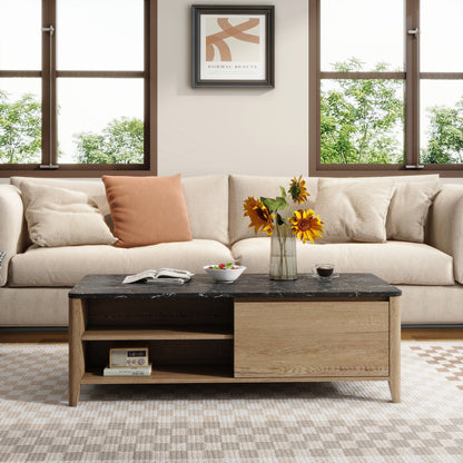 Modern Farmhouse Double Drawer Coffee Table For Living Room Or Office Marble Texture