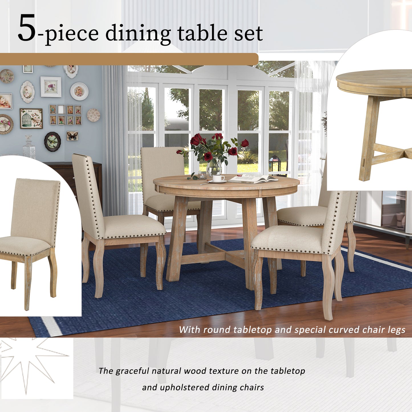 TREXM 5-Piece Farmhouse Dining Table Set Wood Round Extendable Dining Table and 4 Upholstered Dining Chairs (Natural Wood Wash)