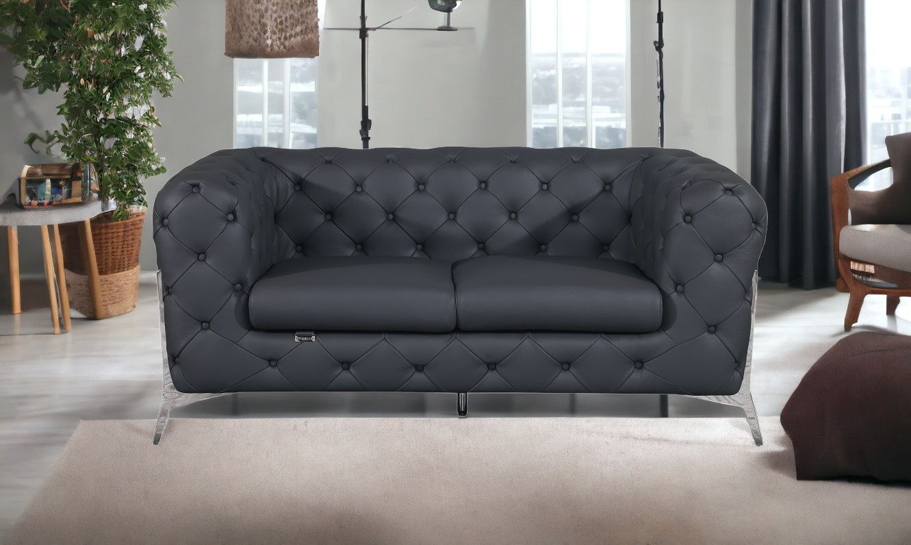 Italian Leather Loveseat - Gray / Silver