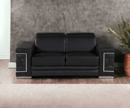 Genuine Leather Love Seat - Silver / Black