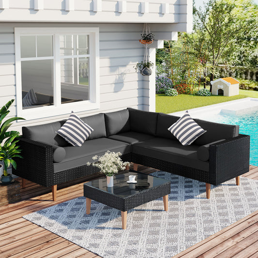 4 Pieces Outdoor Wicker Sofa Set, Patio Furniture With Colorful Pillows, L-Shape Sofa Set - Gray / Black