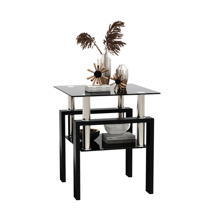 Modern Tempered Glass Tea Table, End Square Table For Living Room - Black