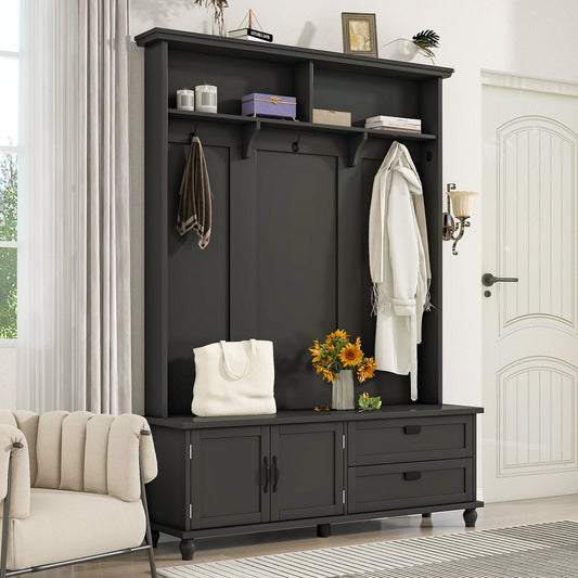 On-Trend Modern Style Hall Tree With Storage Cabinet And 2 Large Drawers, Widen Mudroom Bench With 5 Coat Hooks - Black