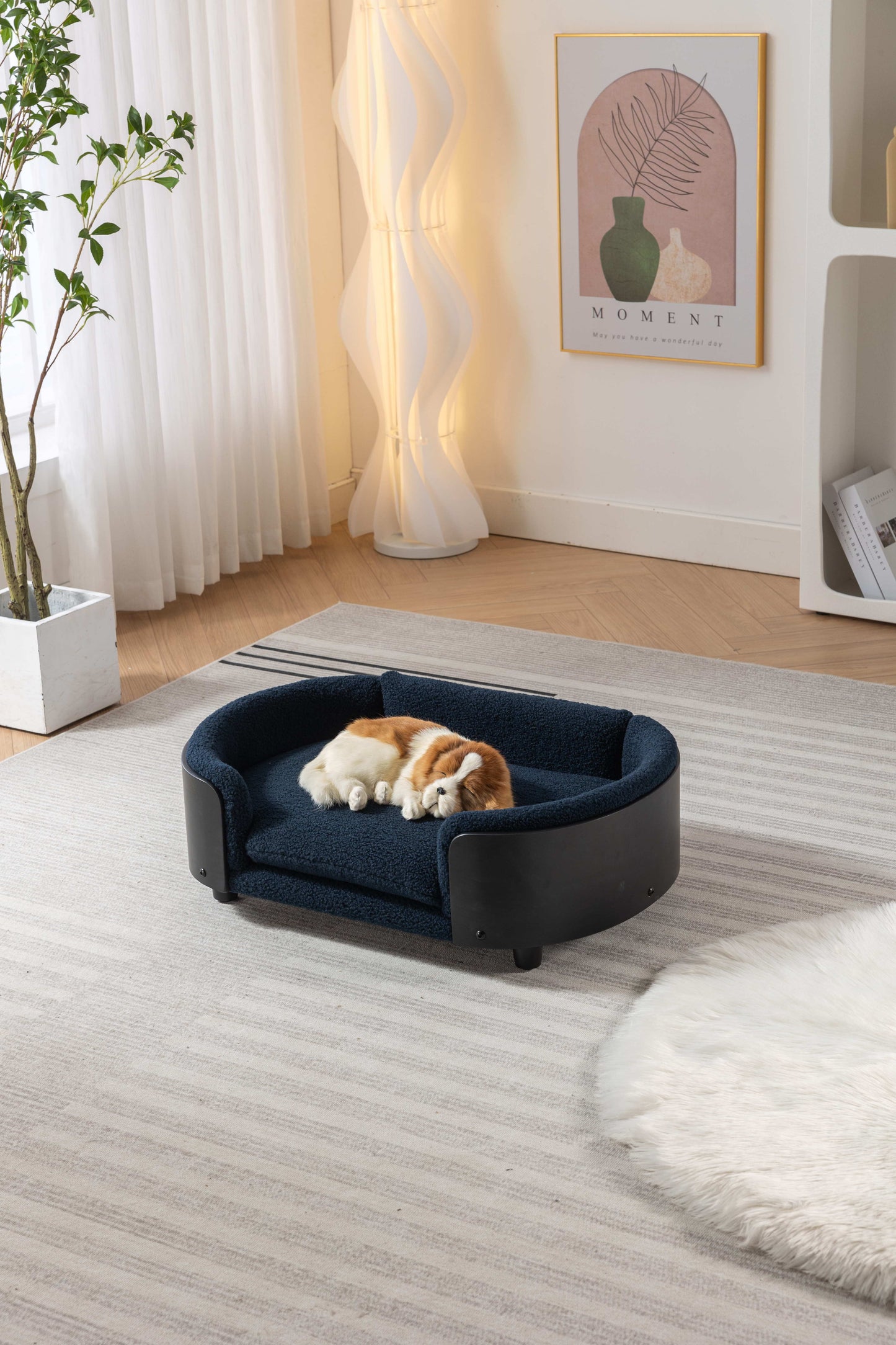 Scandinavian Style Elevated Dog Bed Pet Sofa With Solid Wood Legs And Black Bent Wood Back, Cashmere Cushion, Mid Size - Dark Blue