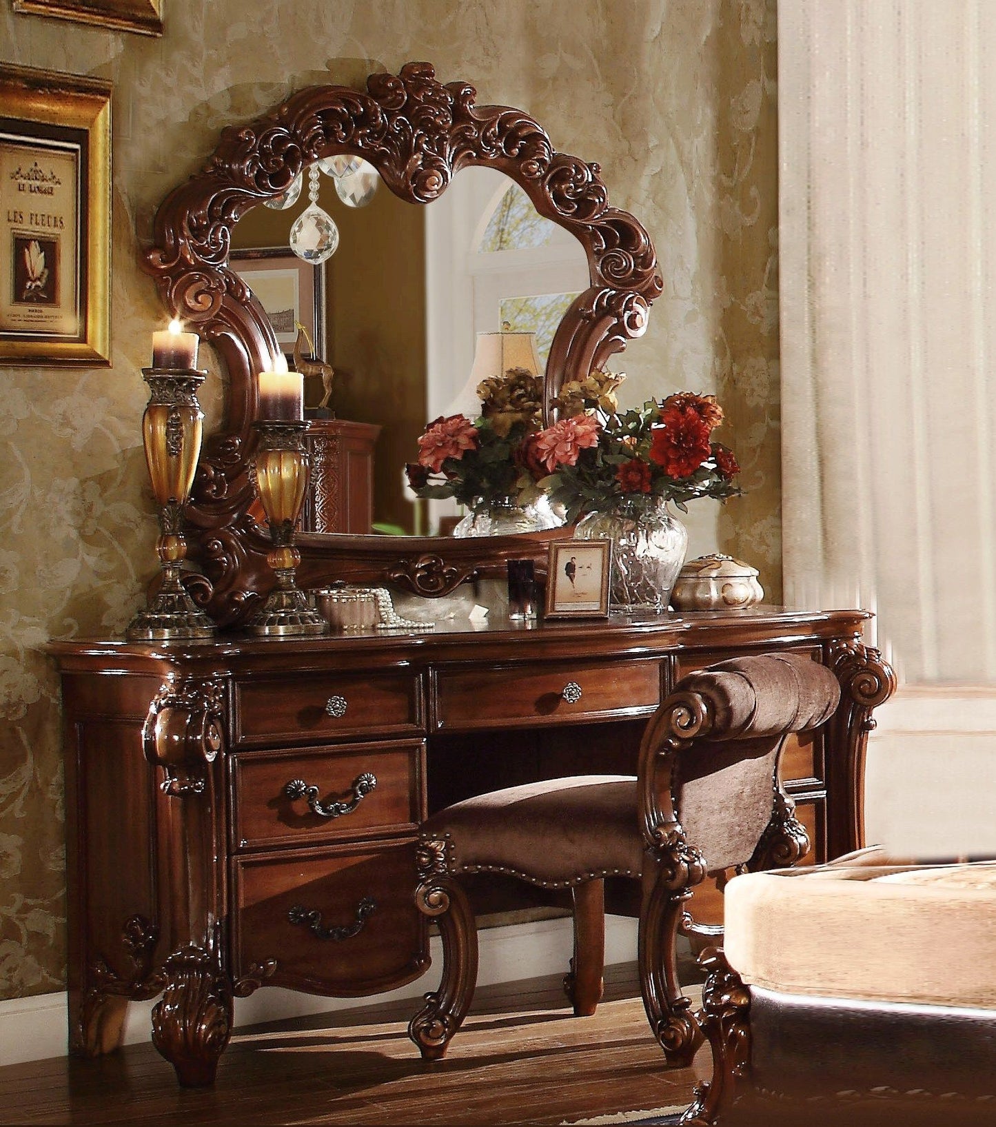 Peninsula Vanity Desk With 7 Drawers - Brown