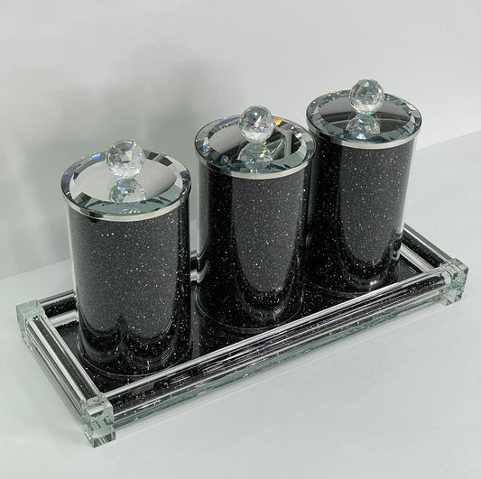 Ambrose Exquisite Three Glass Canister With Tray In Gift Box - Black