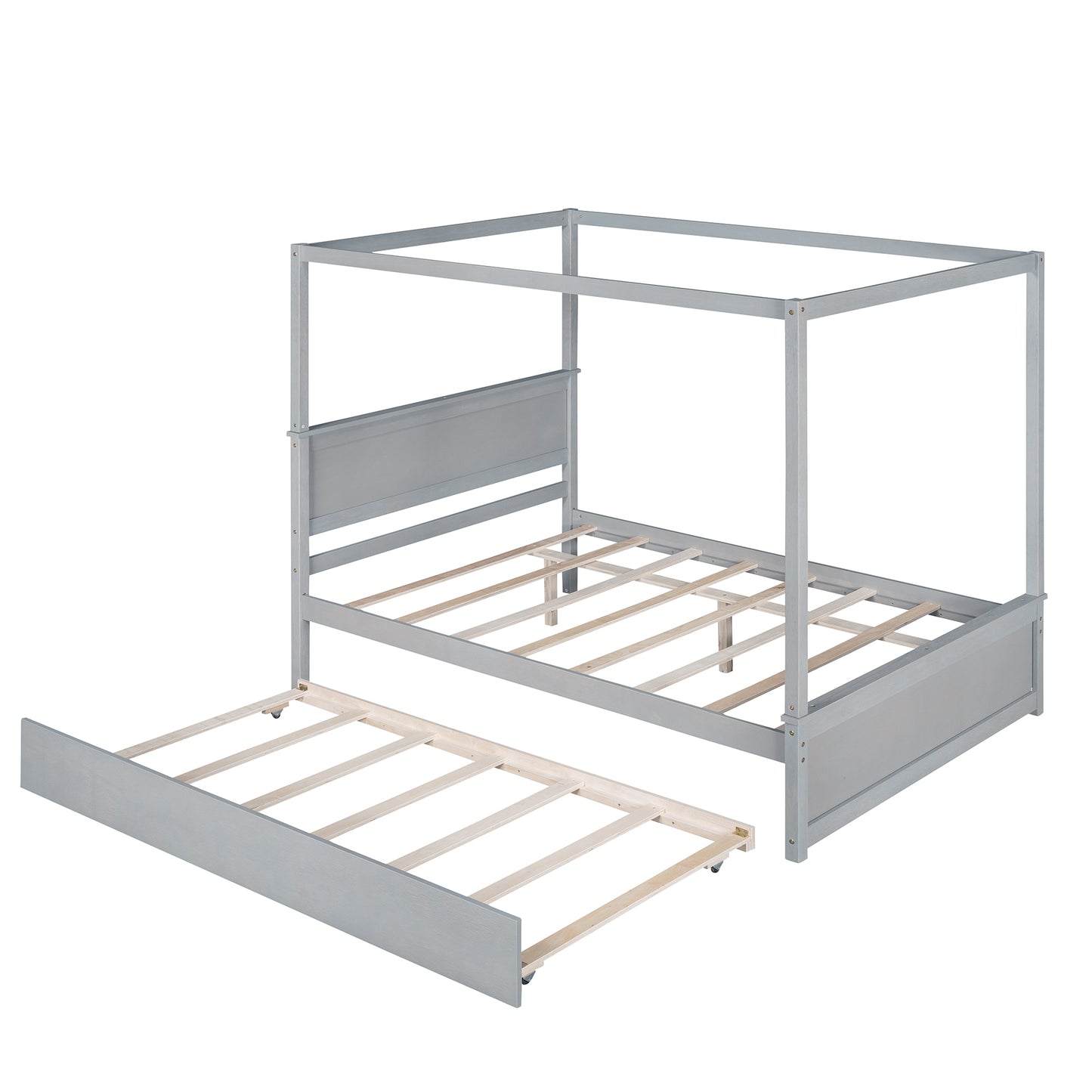 Wood Canopy Bed with Trundle Bed ,Full Size Canopy Platform bed With  Support Slats .No Box Spring Needed, Brushed Gray