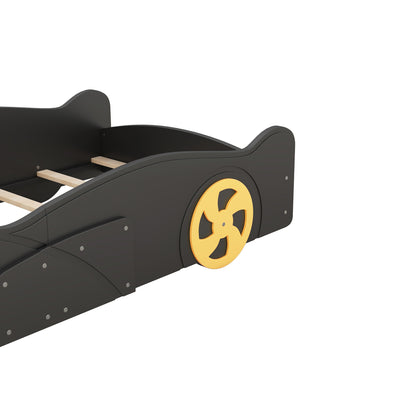 Twin Size Race Car-Shaped Platform Bed with Wheels and Storage, Black+Yellow