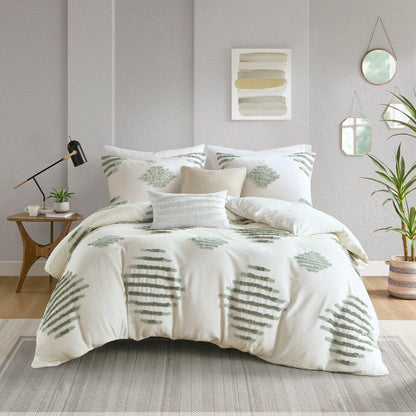 3 Piece Cotton Blend Chenille Duvet Cover Set - Green / Ivory / Dark Green