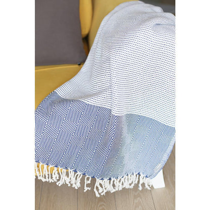 Squares And Stripes Turkish Towel Or Throw Blanket - Blue / White