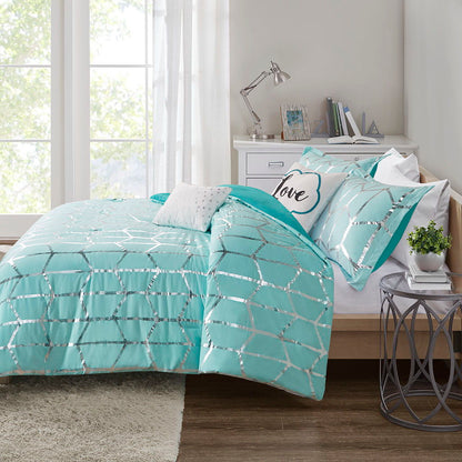 Raina Queen Metallic Printed Comforter Set - Blue