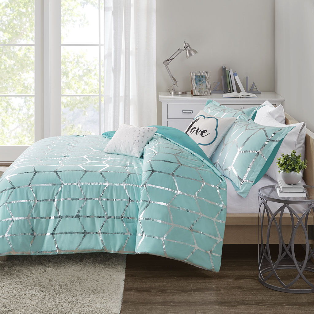 Raina Twin Long Metallic Printed Comforter Set - Blue