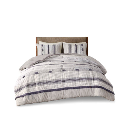 3 Piece Cotton Comforter Set - Gray / Navy