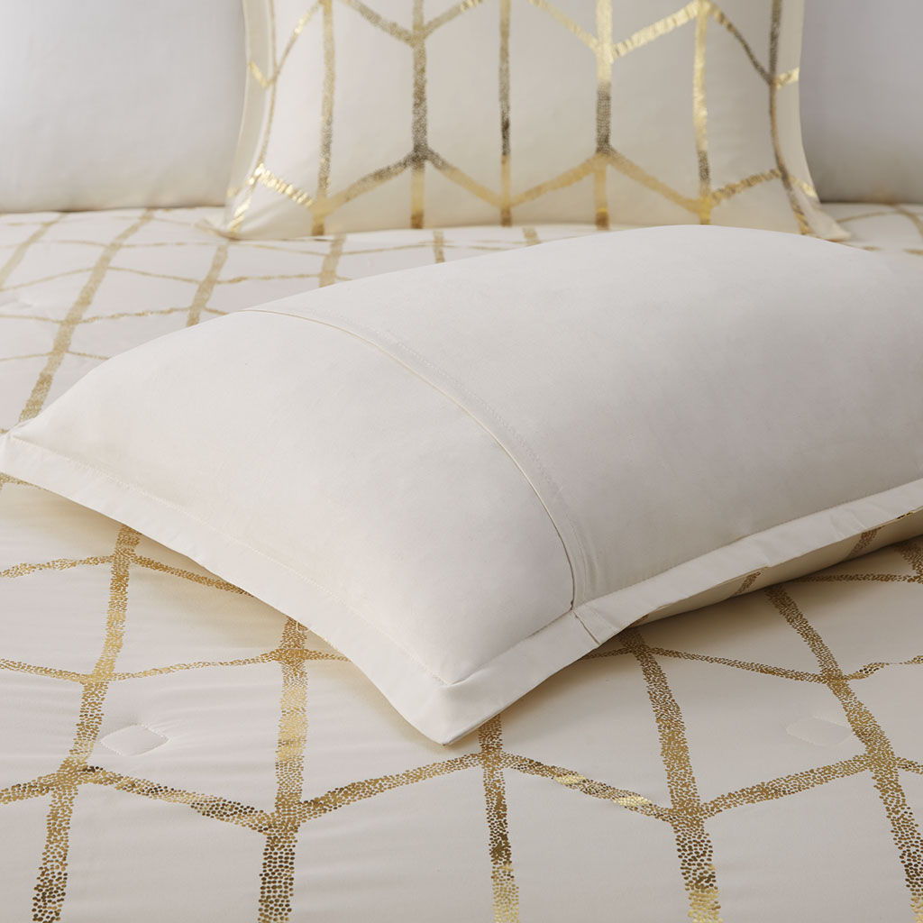 Raina Twin Long Metallic Printed Comforter Set - Beige