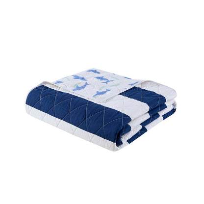 Cotton Cabana Stripe Reversible Quilt Set With Shark Reverse - Navy