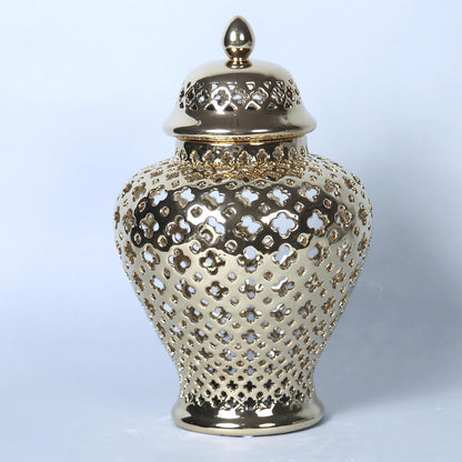 Gold Ceramic Ginger Jar With Decorative Design