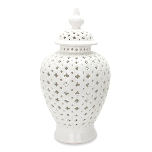 Ceramic Ginger Jar Vase With Decorative Design And Removable Lid - White