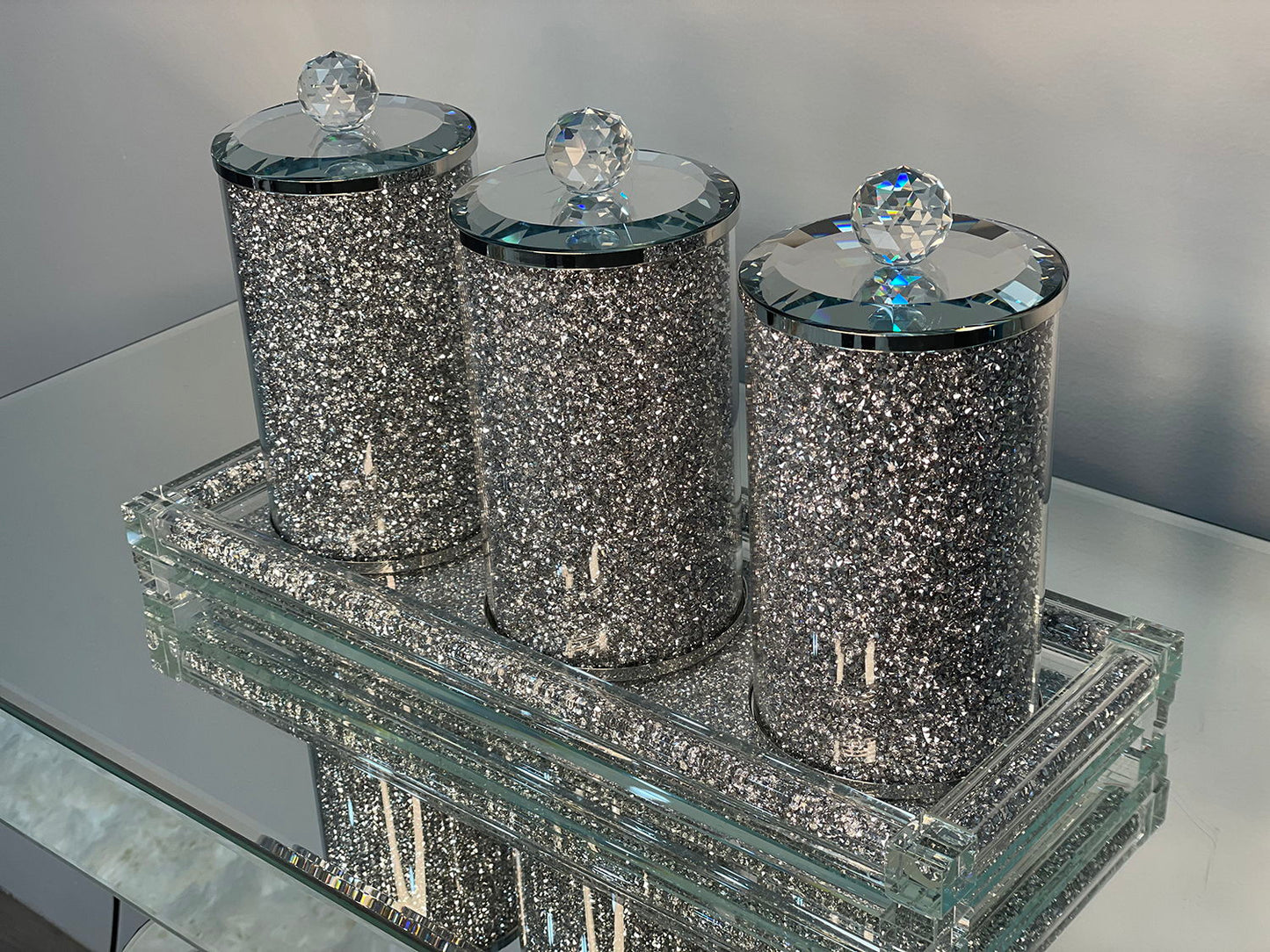 Ambrose Exquisite Three Glass Canister With Tray In Gift Box In Silver