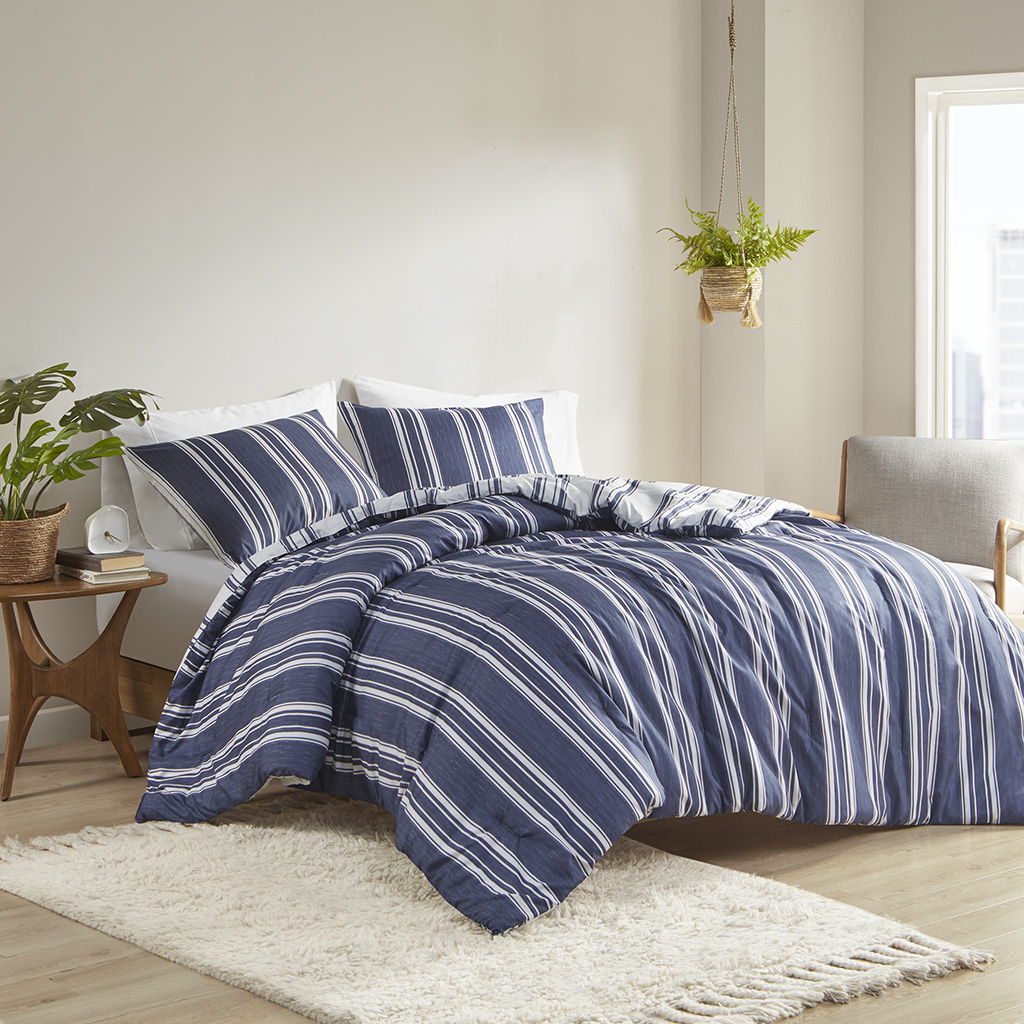 Striped Reversible Comforter Set, Navy