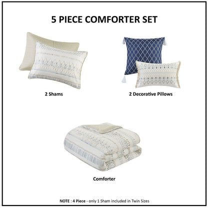 5 Piece Printed Seersucker Comforter Set With Throw Pillows - Blue / Taupe