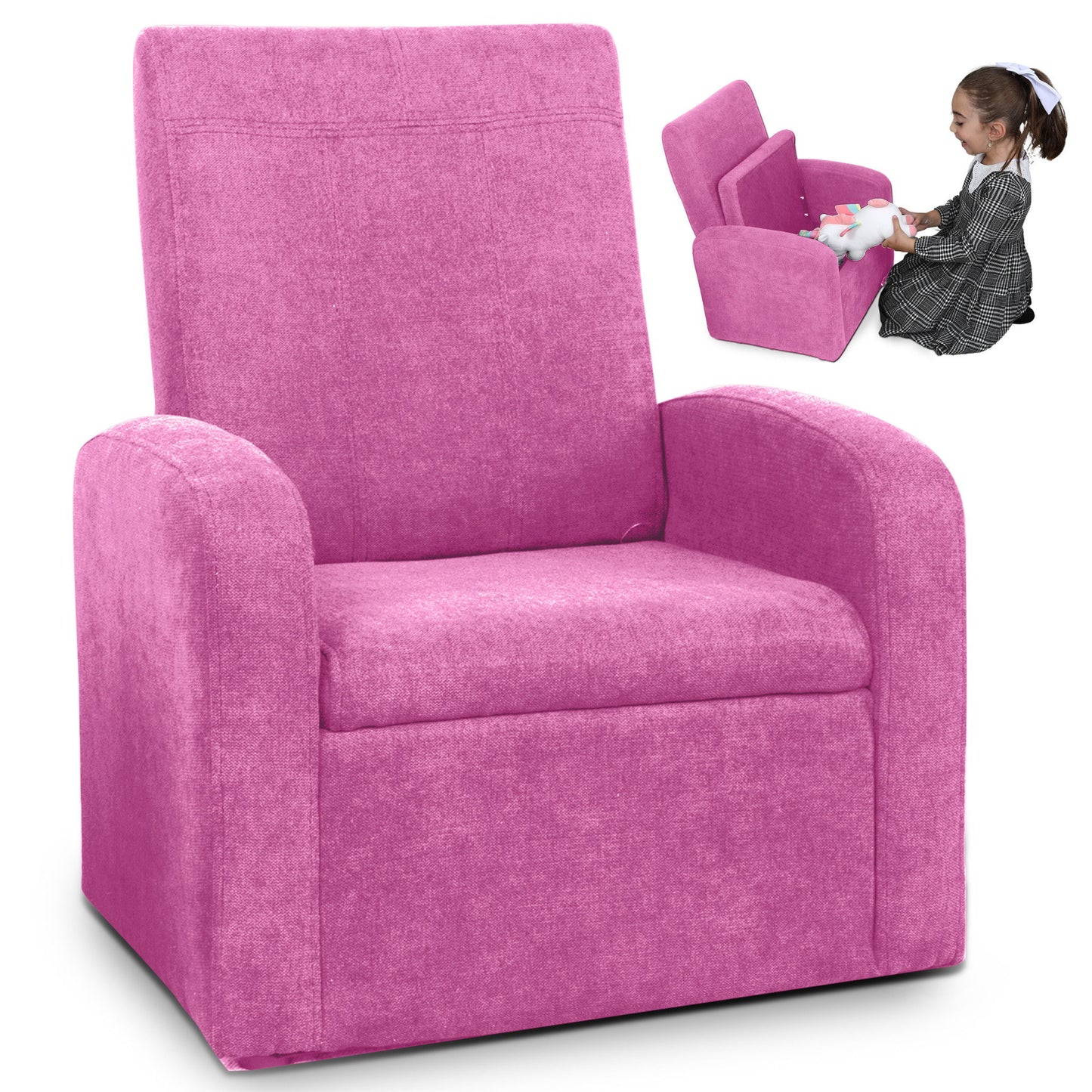 Kids Comfy Upholstered Recliner Chair With Storage - Pink