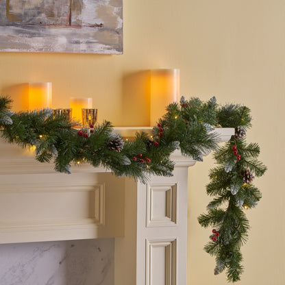 Glitter Bristle Mixed Garland With 15 Red Berry And 15 Pine Cones And With 50 Warm White LED Lights With Timer - Battery Operated - Outdoor, 180