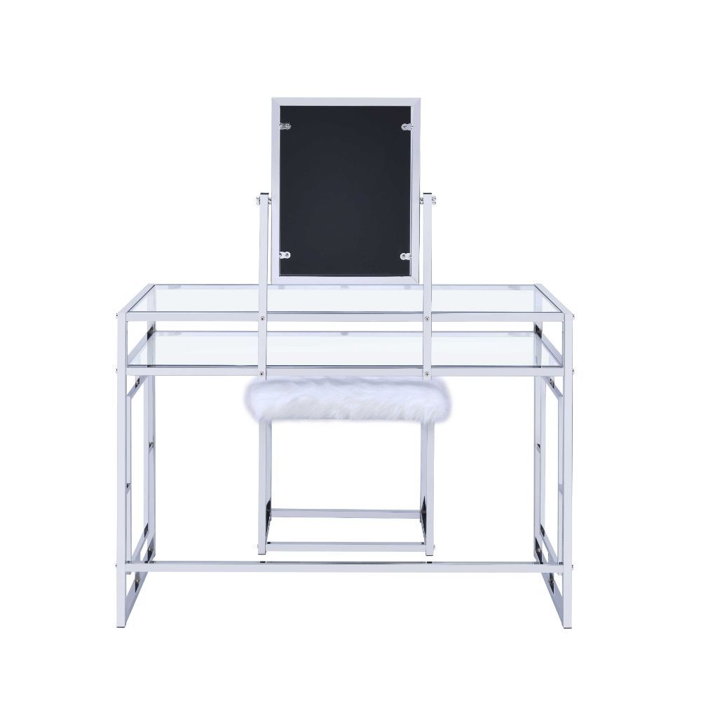 Carenze II - Vanity Desk - White Faux Fur & Chrome