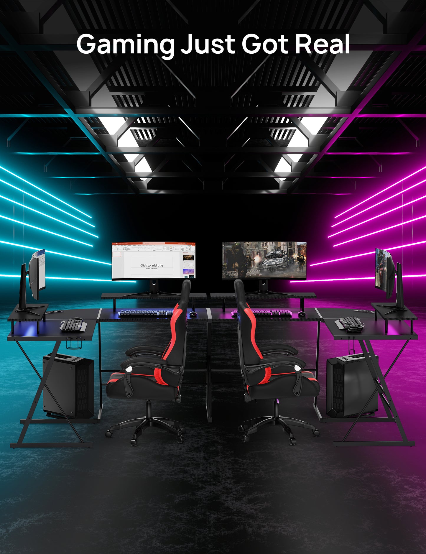 Gaming Desk, L Shaped Computer Corner Desk, 53" Ergonomic Gaming Table with Monitor Stands, PC Desk with LED Strips and Power Outlets, Carbon Fiber Surface with Cup Holder, Headphone Hook