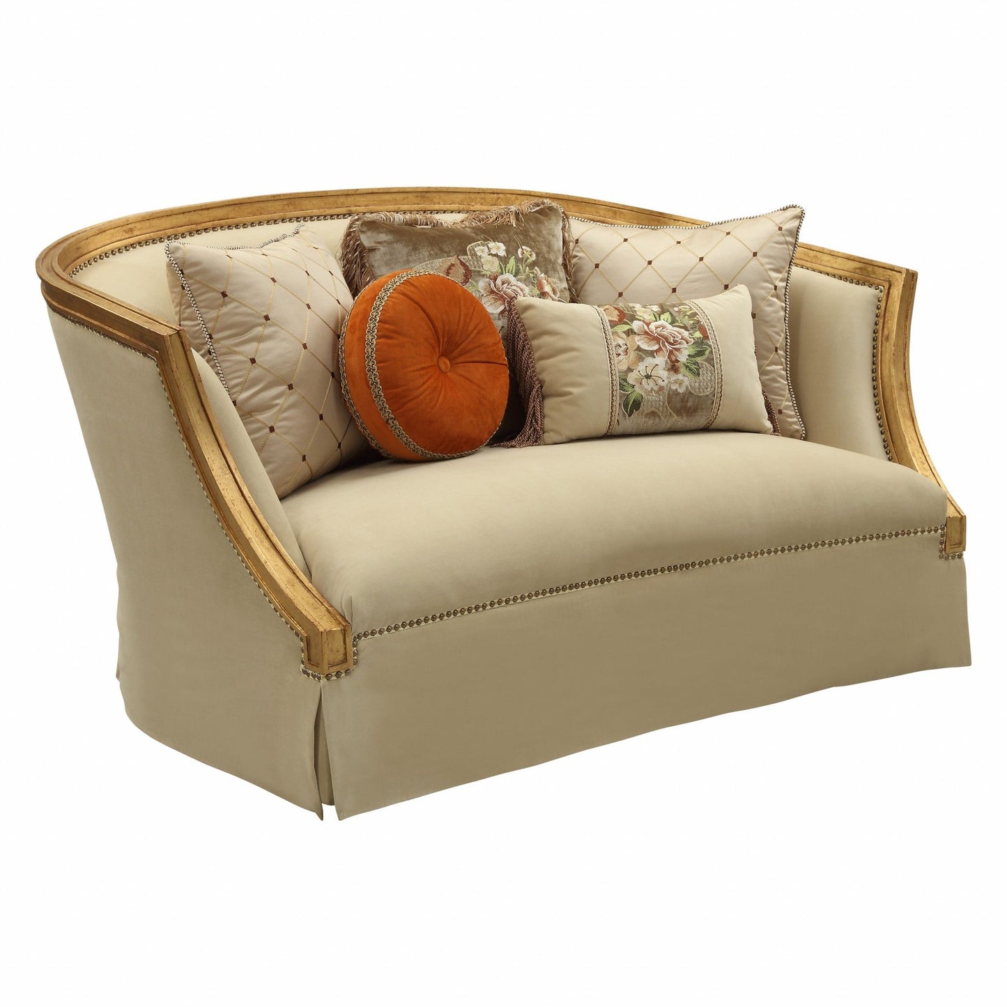 Curved Loveseat And Toss Pillows - Tan / Gold