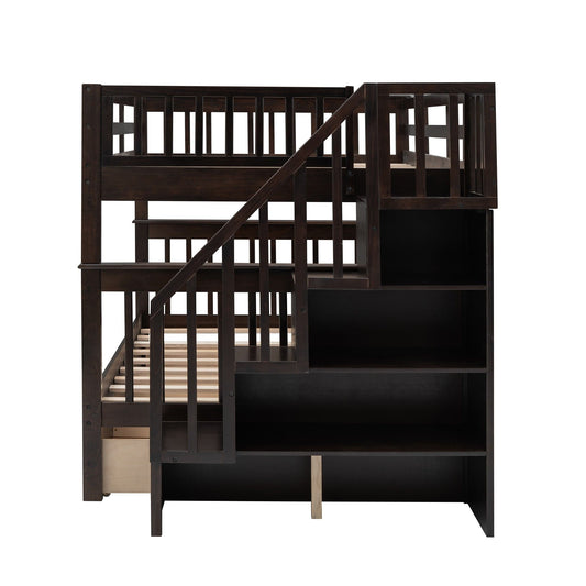 Double Full Size Stairway Bunk Bed With Drawer - Brown