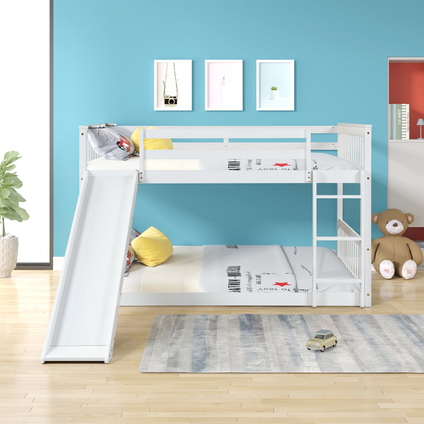 Full over Full Bunk Bed with Slide and Ladder in White Color