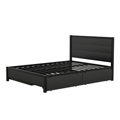 Metal Queen Size Storage Platform Bed with Twin Size Trundle and 2 Drawers, Black