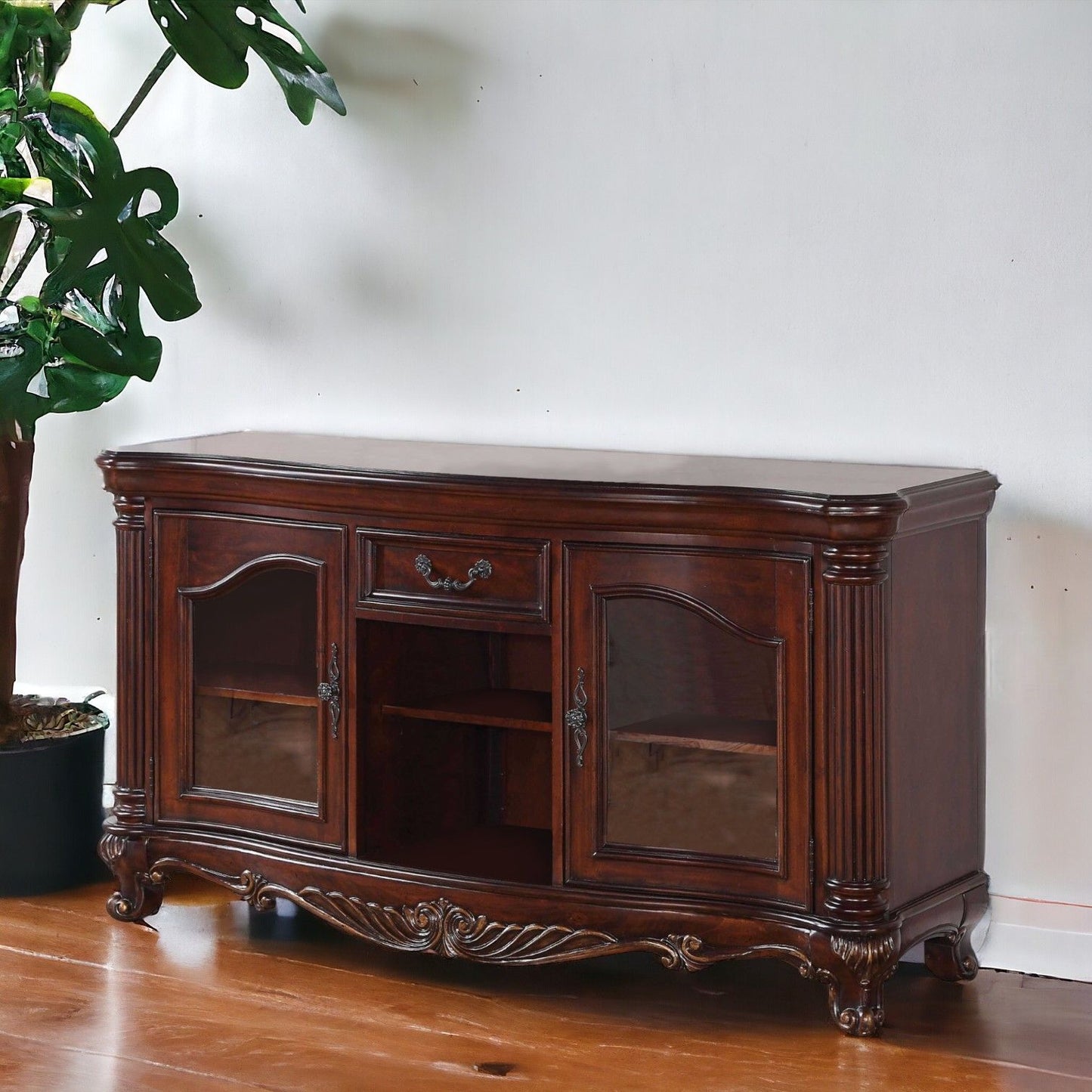 Cabinet Enclosed Storage TV Stand With Bookcase - Brown